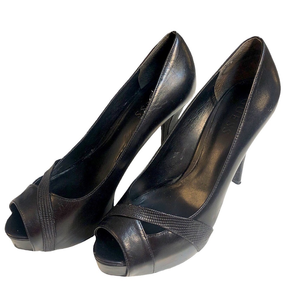 [7.5] Guess Black Multi Leather Open Peep Toe Platform Pump with Stiletto Heel‍
